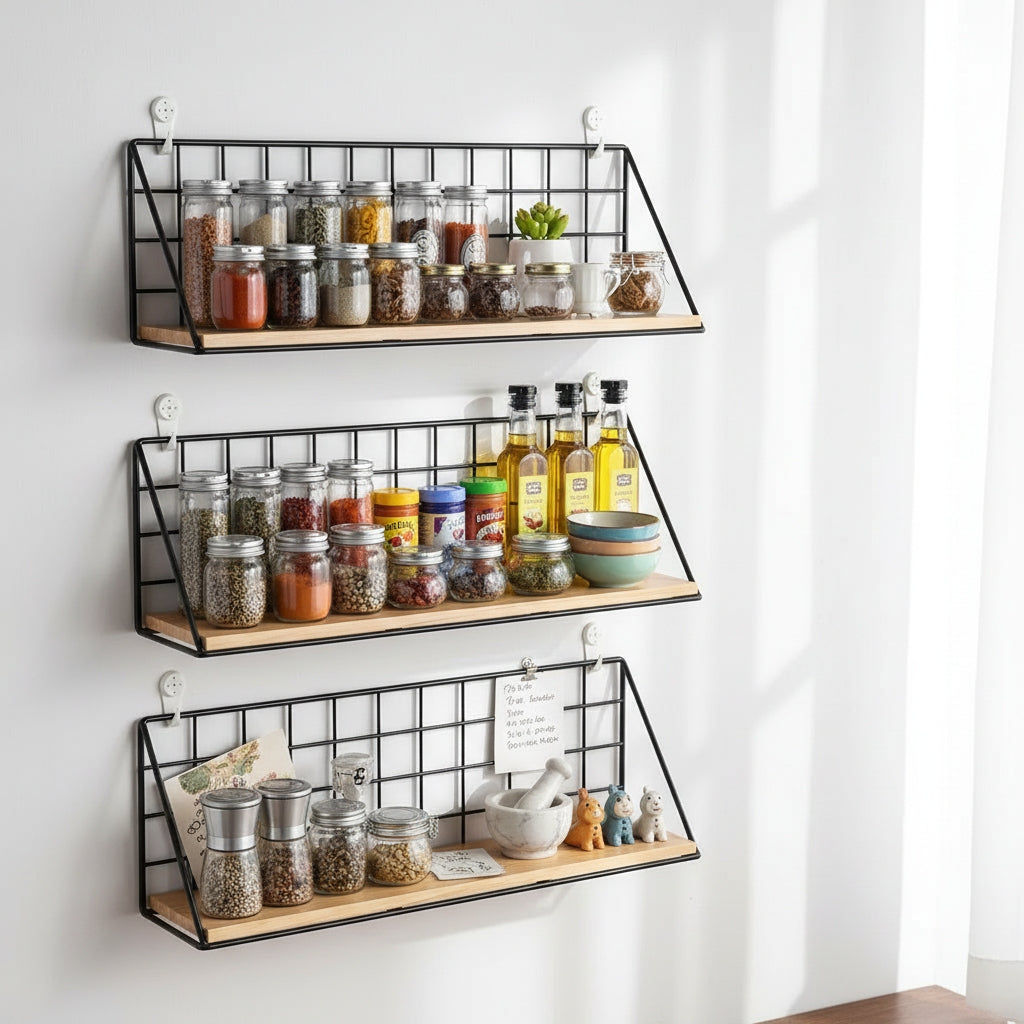 Top Shelves Bundle (3-Pack) – Metal & Wood Wall Shelves for Kitchen, Bathroom & Home Storage