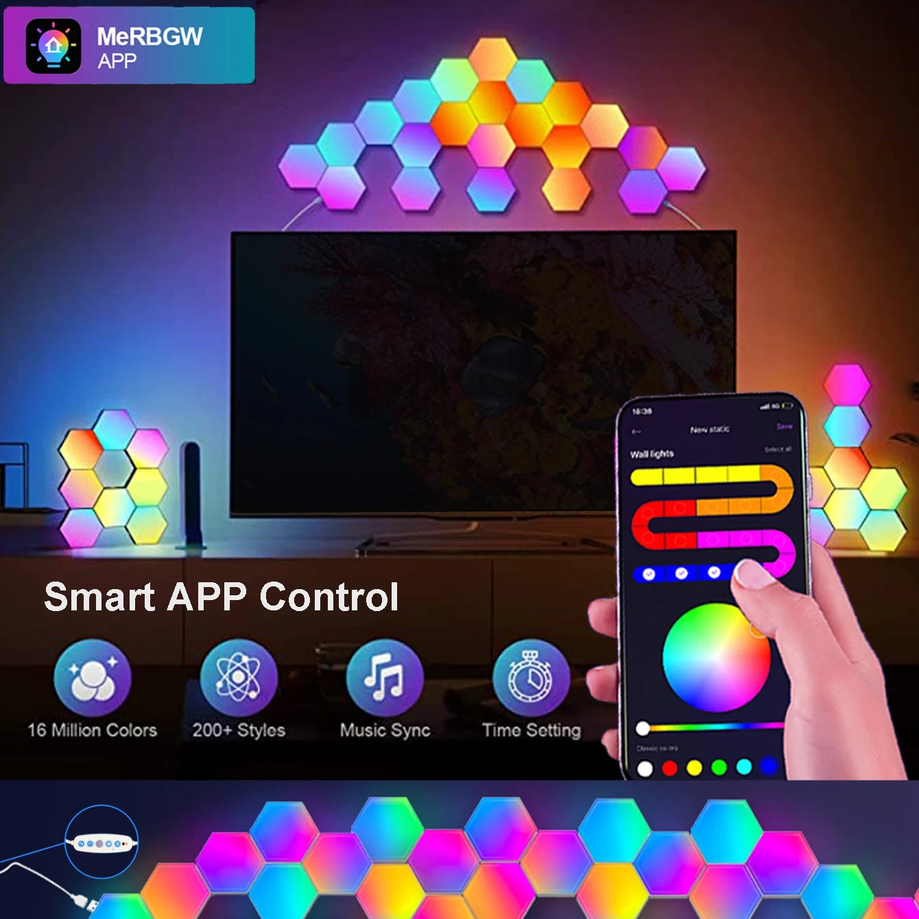Fivemi RGB Hexagon Wall Lights Panels – Smart App + Remote, Music Sync, DIY Modular Decor