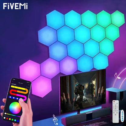 Fivemi RGB Hexagon Wall Lights Panels – Smart App + Remote, Music Sync, DIY Modular Decor